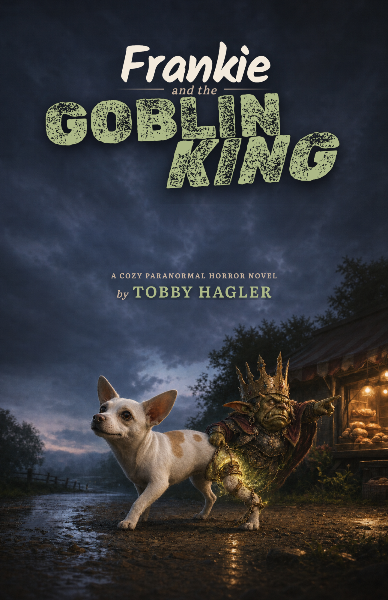 Book cover for Frankie and the Goblin King by Tobby Hagler, showing Frankie walking through a rainy night while the crowned Goblin King bound to his hind leg points toward a lantern-lit bakery.